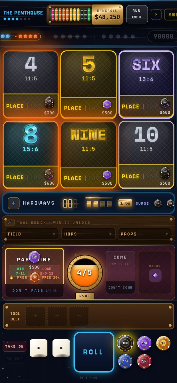 A mid-run Aleator board with leveled place numbers, chips on every number, and the fire meter at Inferno