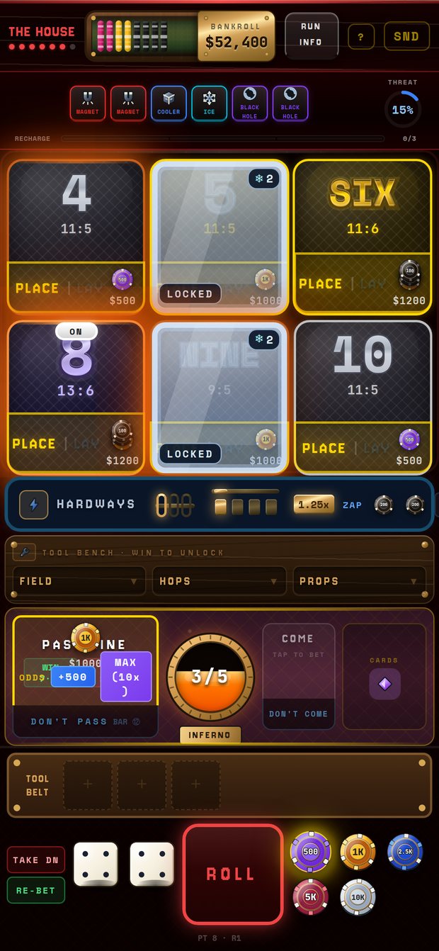 The House boss table with the dealer's toolbelt and two place numbers frozen in ice